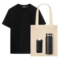 Набор с одеждой KRIS (футболка, аккумулятор, термобутылка, шоппер), черный, M