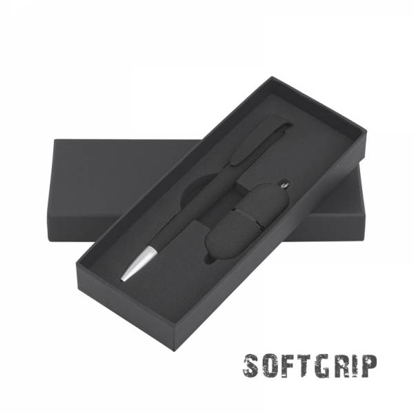 Набор ручка + флеш-карта 16 Гб в футляре, черный, покрытие soft grip