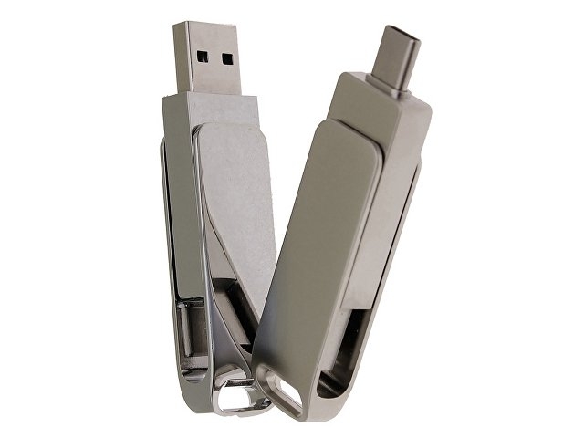 USB 2.0- флешка на 32 Гб с поворотным механизмом и дополнительным разъемом Type-C