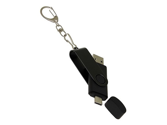 USB-флешка на 16 Гб 2 в 1 поворотный механизм, c дополнительным разъемом Type-C с одноцветным металлическим клипом, черный