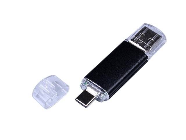 USB-флешка на 64 ГБ c двумя дополнительными разъемами MicroUSB и TypeC, черный