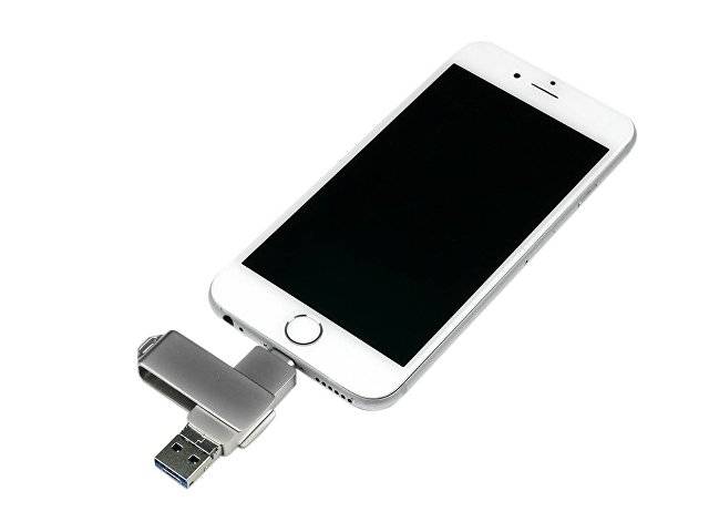 USB 3.0/micro USB/Lightning- флешка на 128 Гб с поворотным механизмом