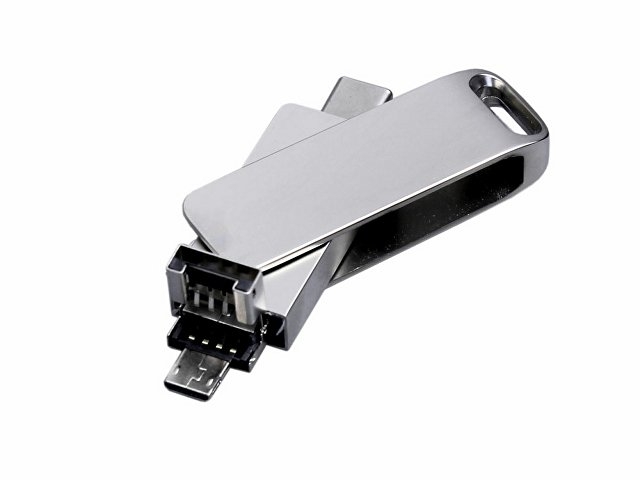 USB 2.0-флешка на 16 Гб поворотный механизм, c дополнительным разъемом Micro USB с одноцветным металлическим клипом