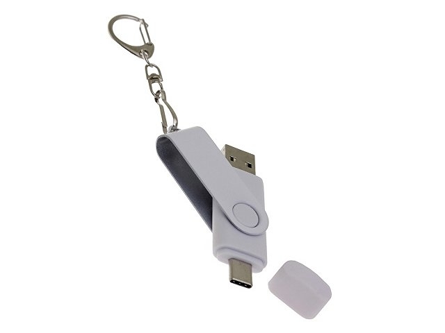 USB-флешка на 128 Гб 2 в 1 поворотный механизм, c дополнительным разъемом Type-C с одноцветным металлическим клипом, белый