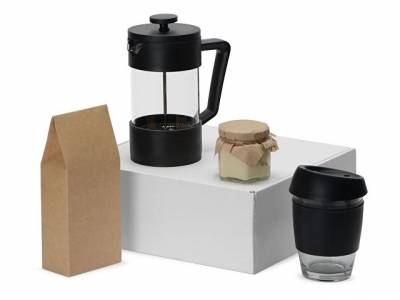 Подарочный набор с кофе, кружкой и френч-прессом "Бодрое утро", черный