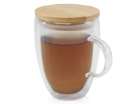 Стеклянная кружка Leona объемом 350 мл с бамбуковой крышкой - прозрачный