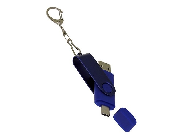 USB-флешка на 16 Гб 2 в 1 поворотный механизм, c дополнительным разъемом Type-C с одноцветным металлическим клипом, синий