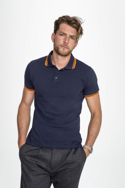Рубашка поло мужская Pasadena Men 200 с контрастной отделкой, темно-синяя (navy) с неоново-оранжевым