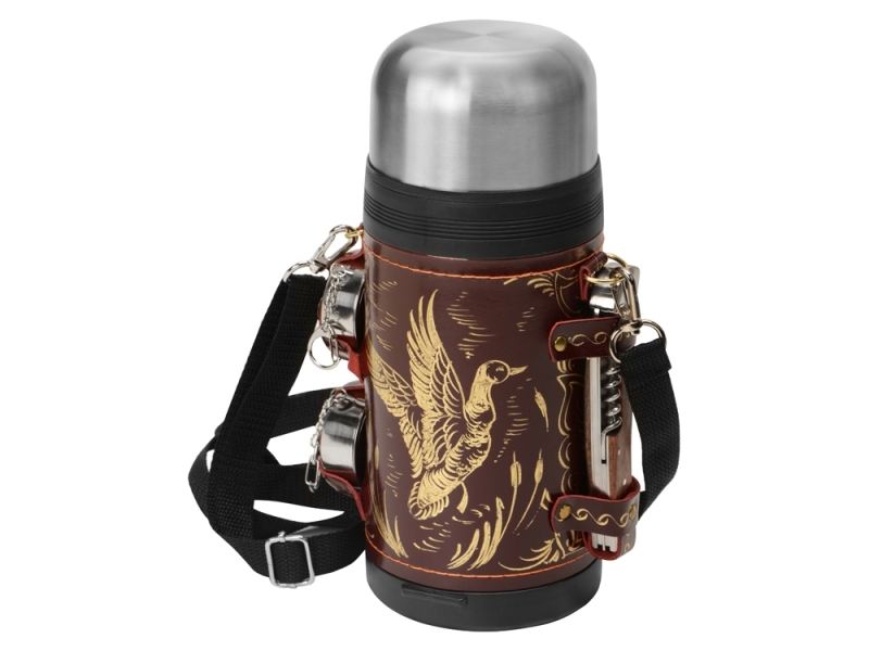 Термос в кожаном чехле, бордовый